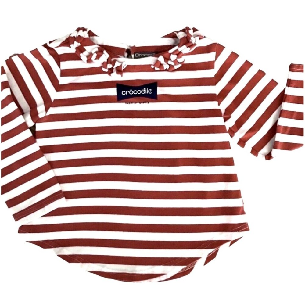 Crocodile Junior Girls Red White Striped LS Top Ruffle Collar Size 4